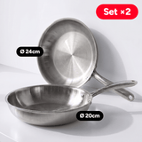 Set 2 Sartenes de Acero Inoxidable TriPly Pulido y Mango Ergonómico de Acero Inoxidable Aptas para Todo Tipos de Cocina, Distribución Uniforme del Calor, Ø20/Ø24cm