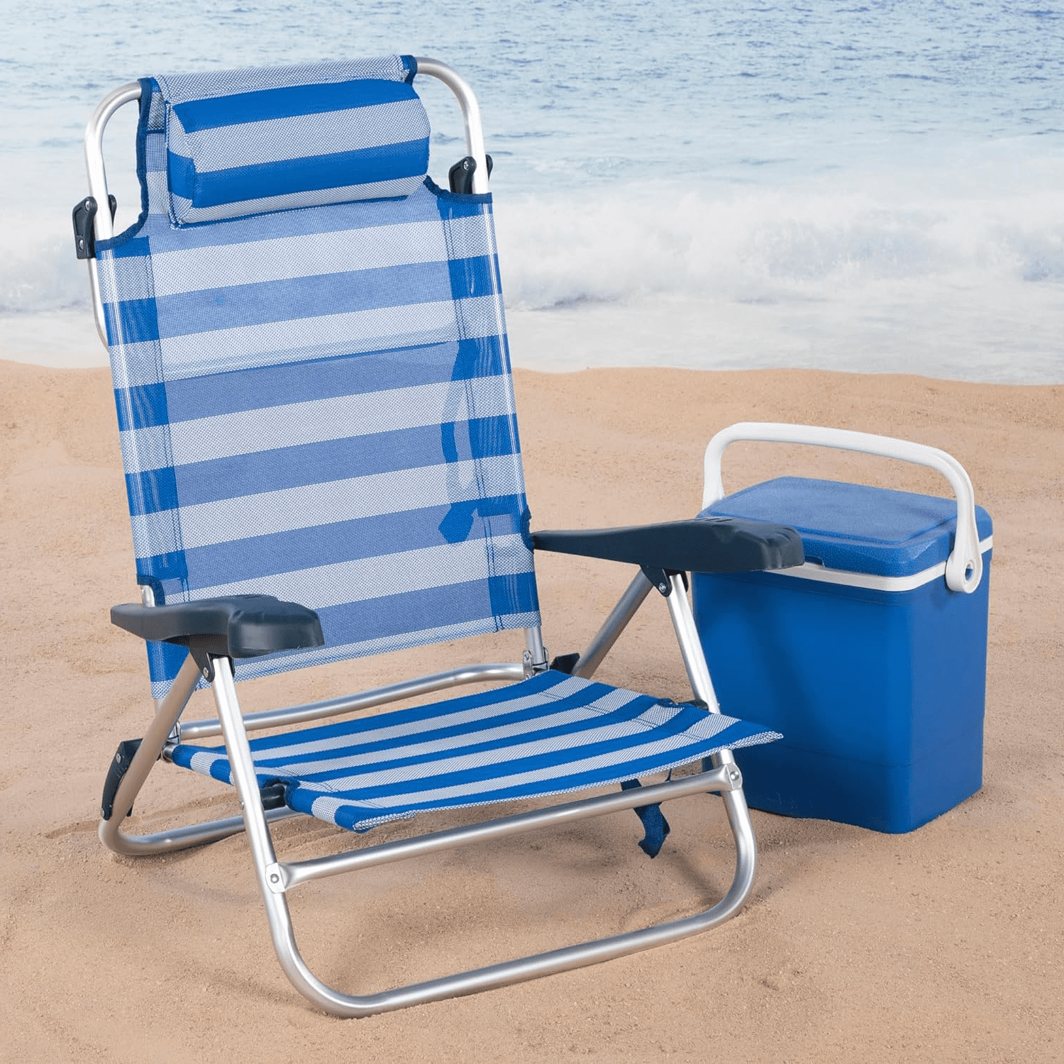 Silla Plegable Playa Reclinable y Resistente. Soporta hasta 110kg. Multiposición, Respaldo Reclinable, Cojín Acolchado. Ideal para Playa, Jardín, Terraza o Camping. 47x49x82cm