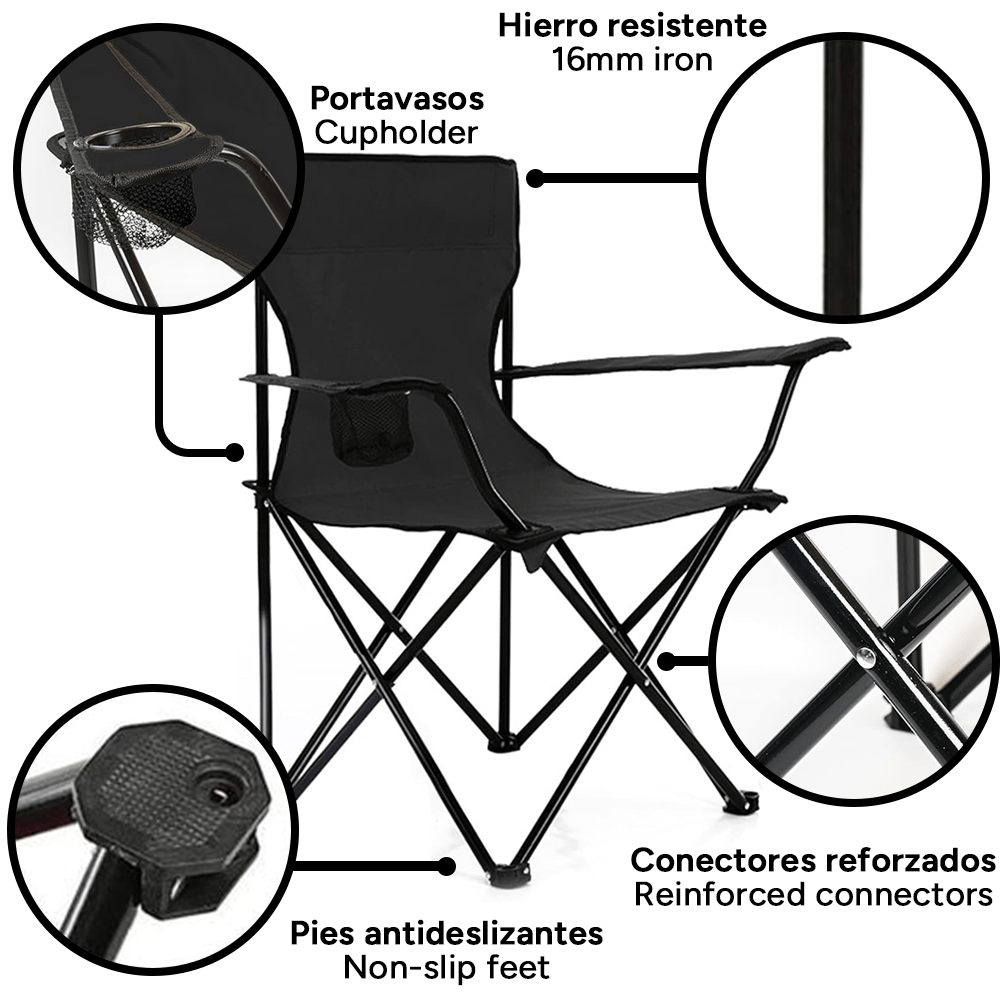 Pack x2 Sillas Plegables Camping con Respaldo y Apoyabrazos para Exterior, Acampada, Pescar y Picnic de 50 x 50 x 80 cm, Resistente y Compacta, Soporta hasta 120kg, Negro