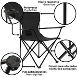 Pack x2 Sillas Plegables Camping con Respaldo y Apoyabrazos para Exterior, Acampada, Pescar y Picnic de 50 x 50 x 80 cm, Resistente y Compacta, Soporta hasta 120kg, Negro