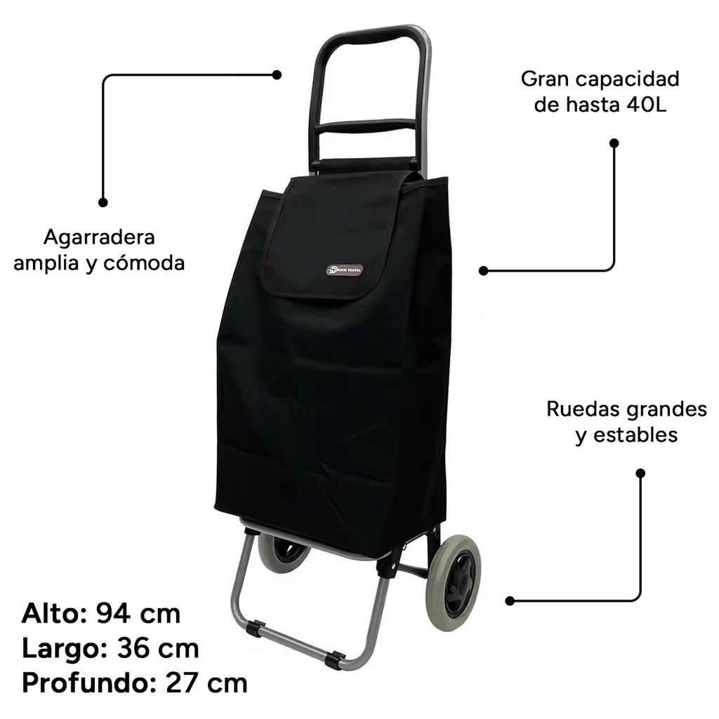 Carro Compra Plegable, Carro Plegable con Ruedas, Gran Capacidad de 40 Litros, 2 Ruedas Grandes Resistentes y Estables, Bolsa Desmontable Facilita Carga y Descarga de tus Compras, Fácil de Limpiar, Alto: 94 cm x Largo: 36 cm x Profundo: 27 cm