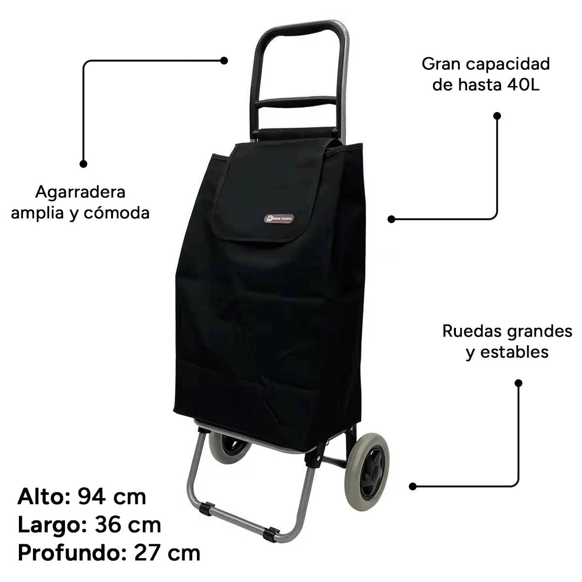 Carro Compra Plegable, Carro Plegable con Ruedas, Gran Capacidad de 40 Litros, 2 Ruedas Grandes Resistentes y Estables, Bolsa Desmontable Facilita Carga y Descarga de tus Compras, Fácil de Limpiar, Alto: 94 cm x Largo: 36 cm x Profundo: 27 cm