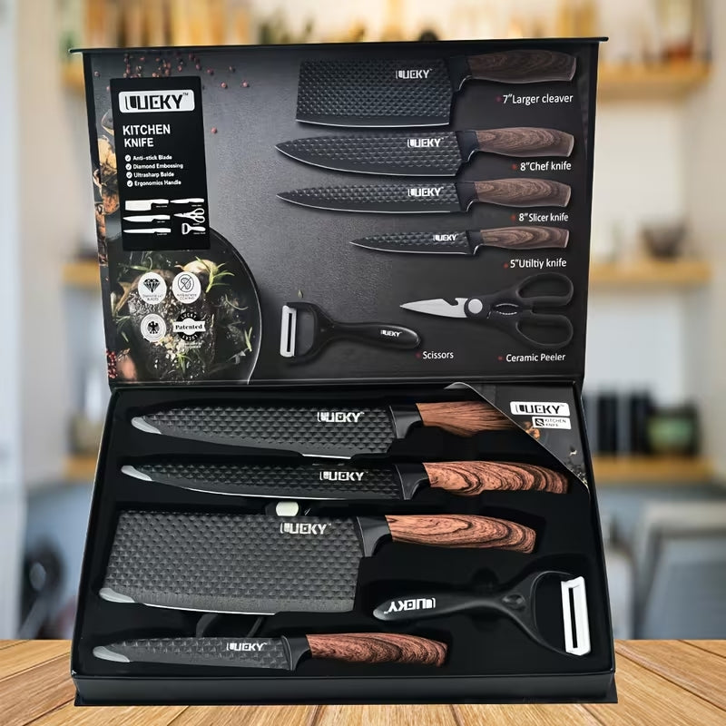 Juego de 6 Cuchillos de Cocina Profesionales, Cuchillos de Acero Inoxidable con Filo de alta Precisión, Excelente Durabilidad, Mango Ergonómico, Fácil de Limpiar, Ideal como Regalo, Incluye 4 Cuchillos, 1 Pelador y 1 Tijera