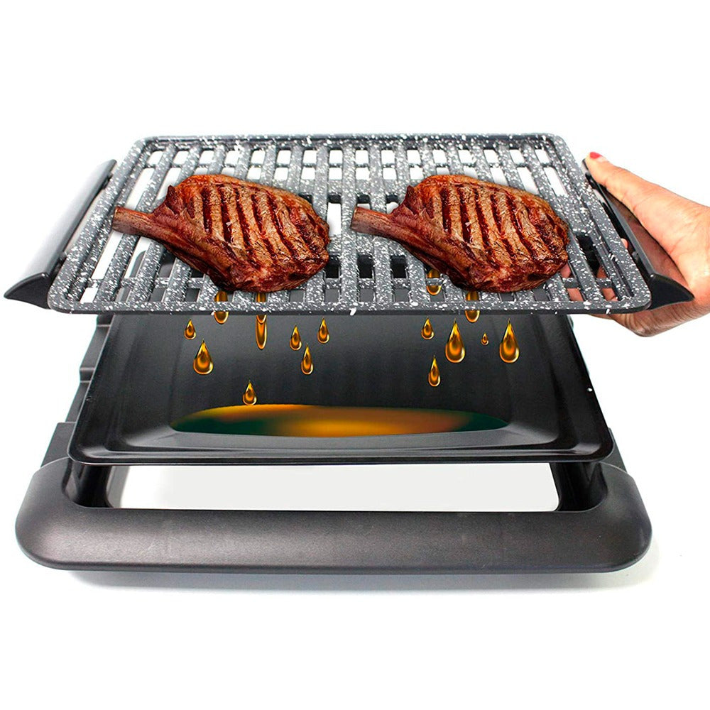 Grill eléctrico sin humos con parrilla de aluminio antiadherente y cable desmontable con termostato regulable potencia de 1250W, superficie de 25.5 × 30.5 cm