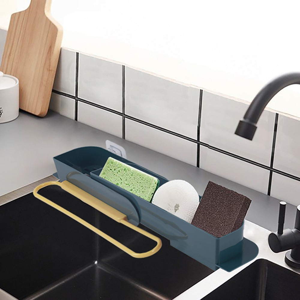 Organizador Fregadero Cocina Extensible, Adaptable a cualquier Fregadero y a todo tipo de Superficies, Incluye Ventosas para Mayor Sujeción, 2 Compartimentos Espaciosos y Colgador de Paños, 36 x 8 x 6 cm