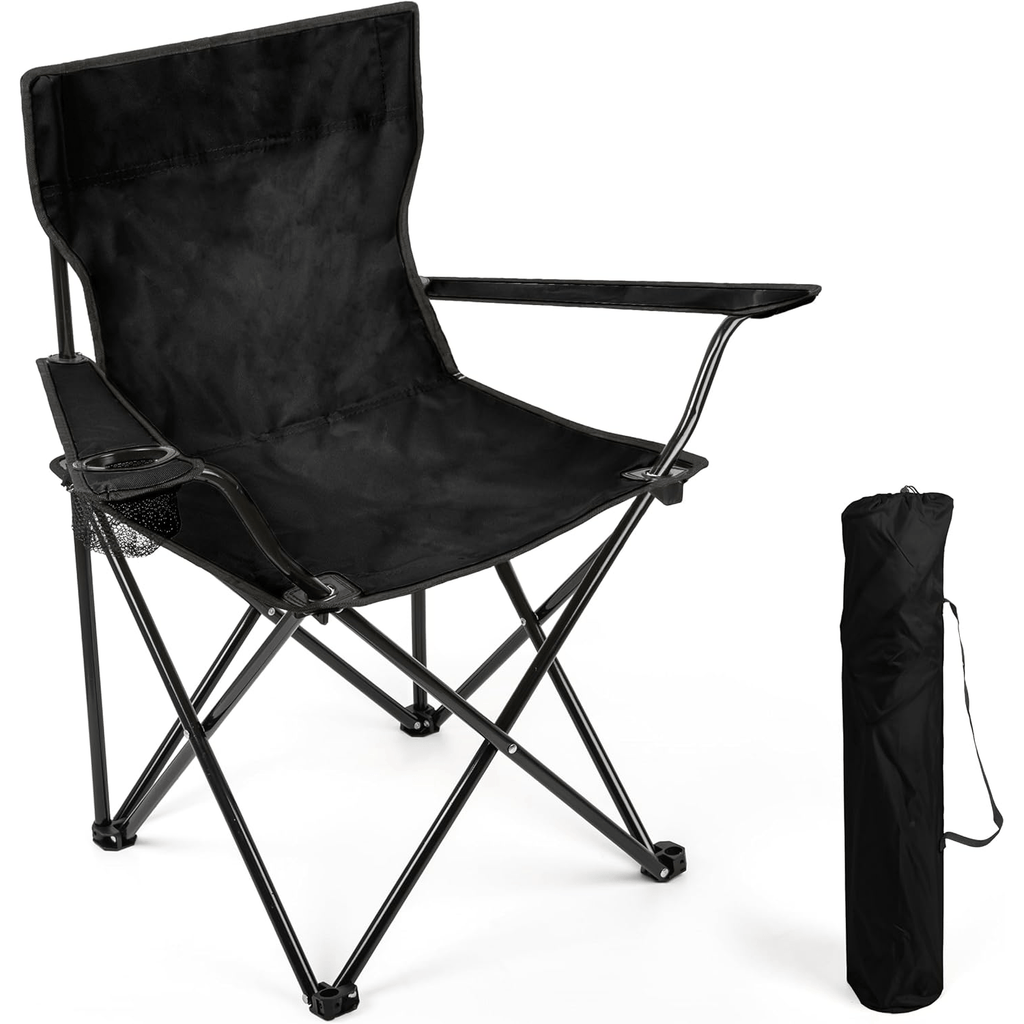 Silla Plegable Camping con Respaldo y Apoyabrazos, Ideal para Picnic, Pesca y Exterior, Resistente y Compacta, Soporta 120 kg, 50x50x80 cm, Negro
