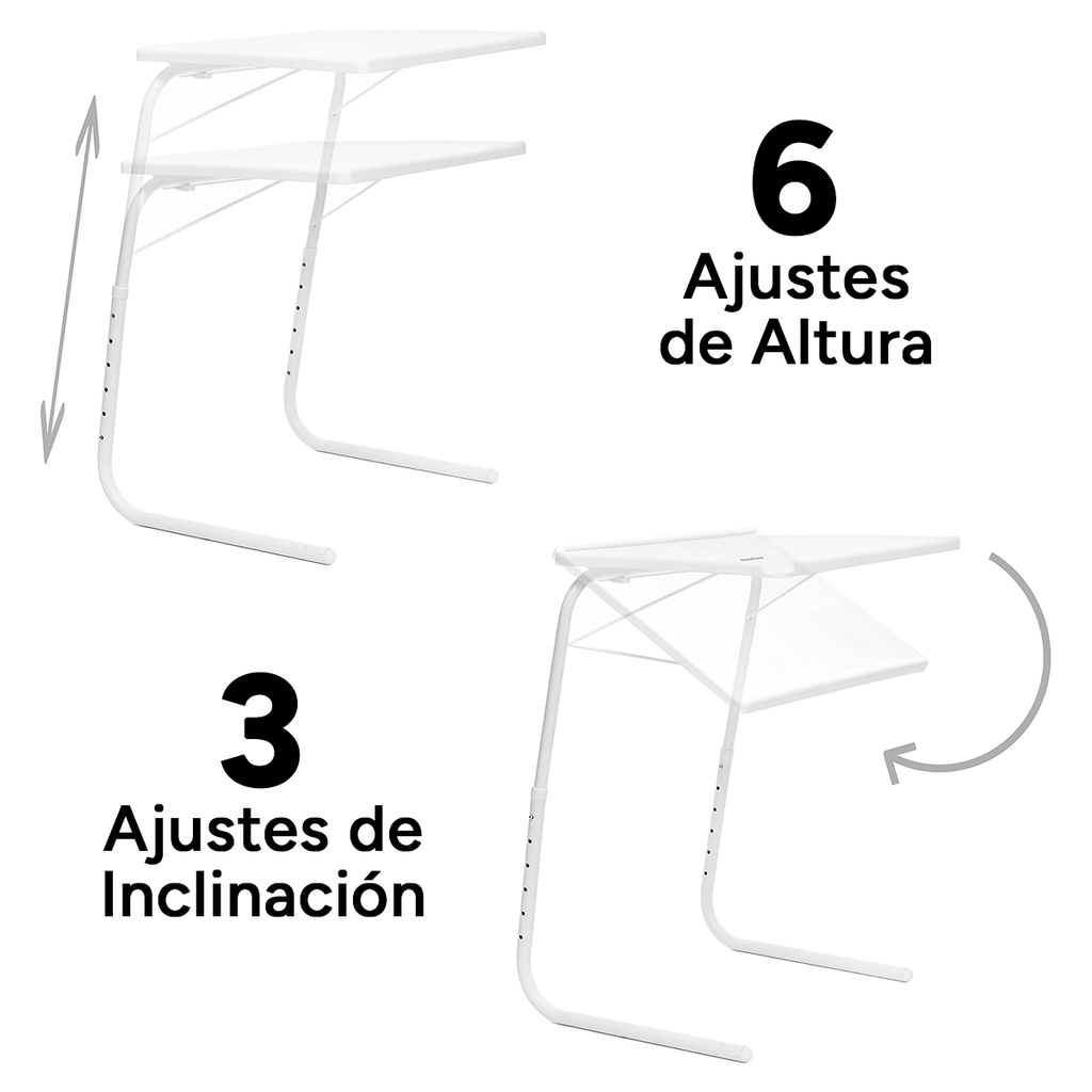 Mesa Plegable Portátil, Mesa Auxiliar Multifunción Ajustable, 6 Ajustes de Altura, 3 Ajustes de Inclinación, Permite hasta 18 Posiciones diferentes, Diseño Ligero, Estable y Resistente, Pensado para Comer, Trabajar con el Portátil, Dibujar