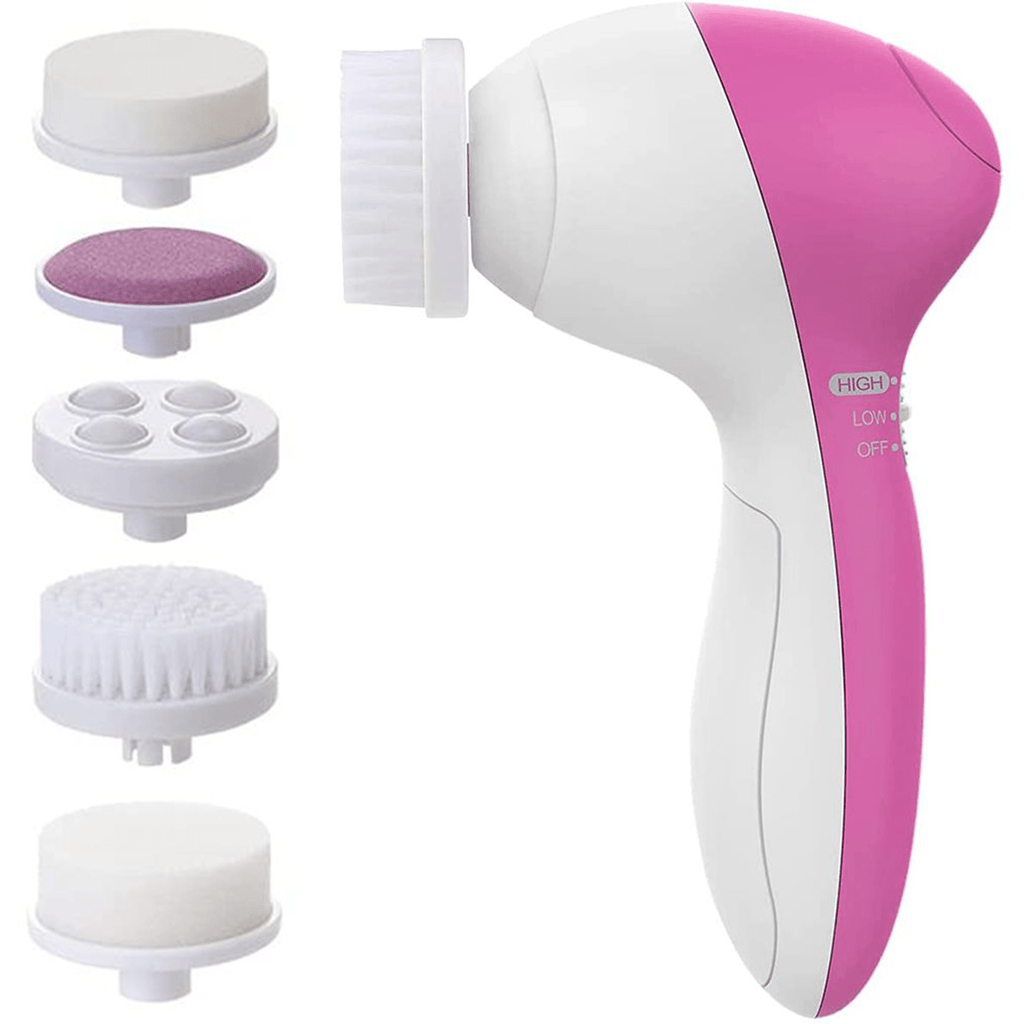 Cepillo Limpiador Facial Eléctrico 5 en 1, 2 Velocidades, Incluye Cabezal de Cepillo de Limpieza Profunda, Esponja para Maquillaje, Esponja para Masaje, Masajeador de Esferas, Disco Exfoliante, Funciona con 2 Pilas AA (No Incl)