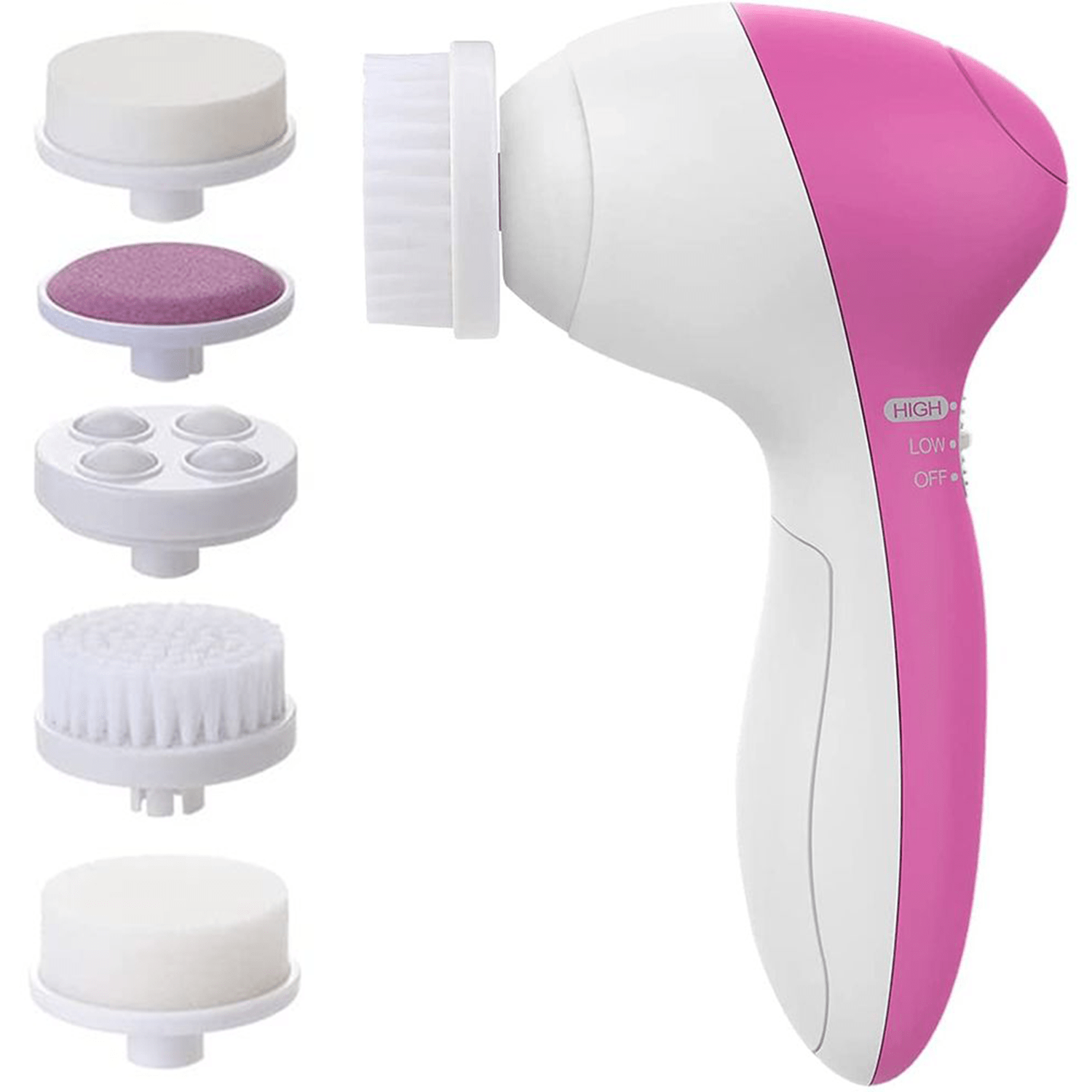 Cepillo Limpiador Facial Eléctrico 5 en 1, 2 Velocidades, Incluye Cabezal de Cepillo de Limpieza Profunda, Esponja para Maquillaje, Esponja para Masaje, Masajeador de Esferas, Disco Exfoliante, Funciona con 2 Pilas AA (No Incl)