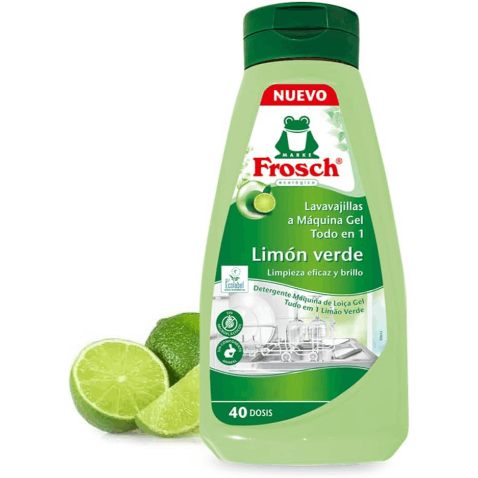 Frosch Lavavajillas Líquido para Máquina, Todo en 1 con Limón Verde, Limpieza y Brillo, Sin Microplásticos, 40 Dosis, Botella de 650 ml