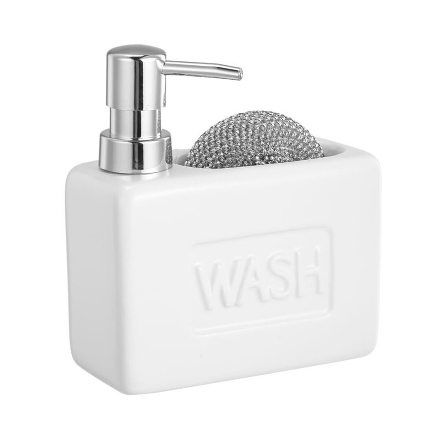 Dispensador Jabón Cocina y Estropajo, Hecho de Cerámica, Dispensador de Lavado de Manos con Recipiente Rellenable y Estropajo, Ideal para Cocina y Baño, 14 x 6 x 16cm