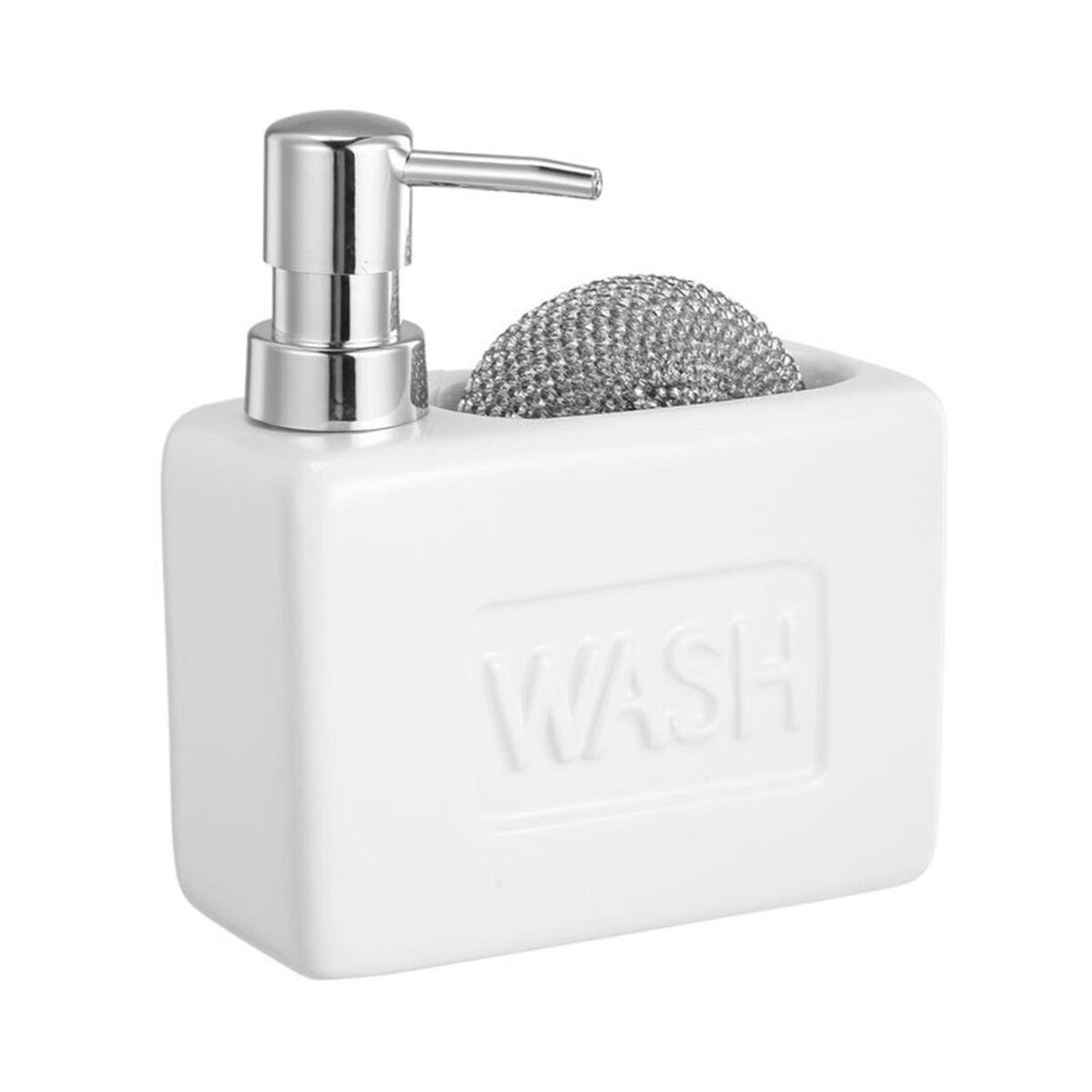 Dispensador Jabón Cocina y Estropajo, Hecho de Cerámica, Dispensador de Lavado de Manos con Recipiente Rellenable y Estropajo, Ideal para Cocina y Baño, 14 x 6 x 16cm