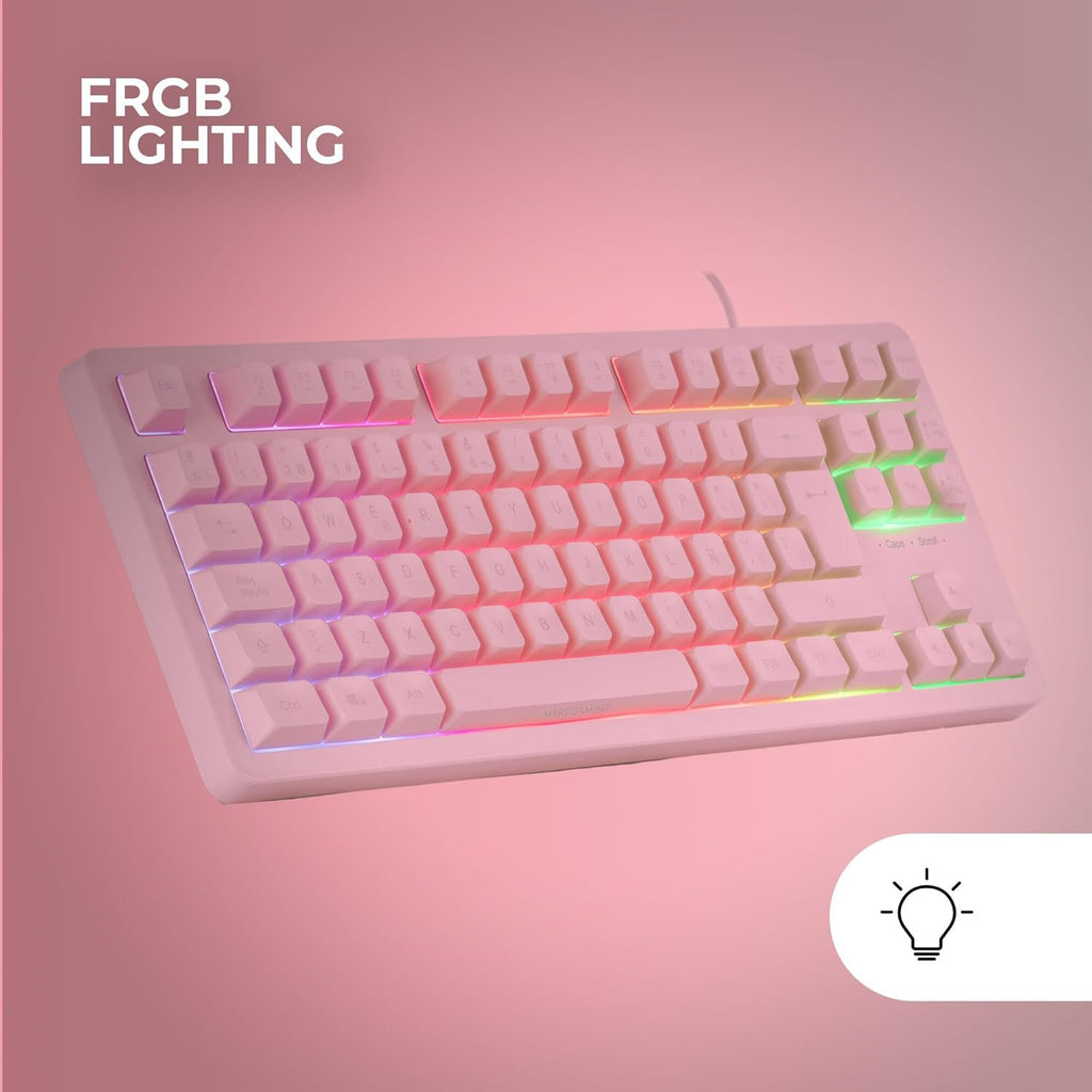 Mars Gaming MK023, Teclado Gaming TKL, Tecnología Híbrida H-Mech, Iluminación FRGB Rainbow, Anti-ghosting, Compatibilidad Universal, Rosa, Idioma Francés