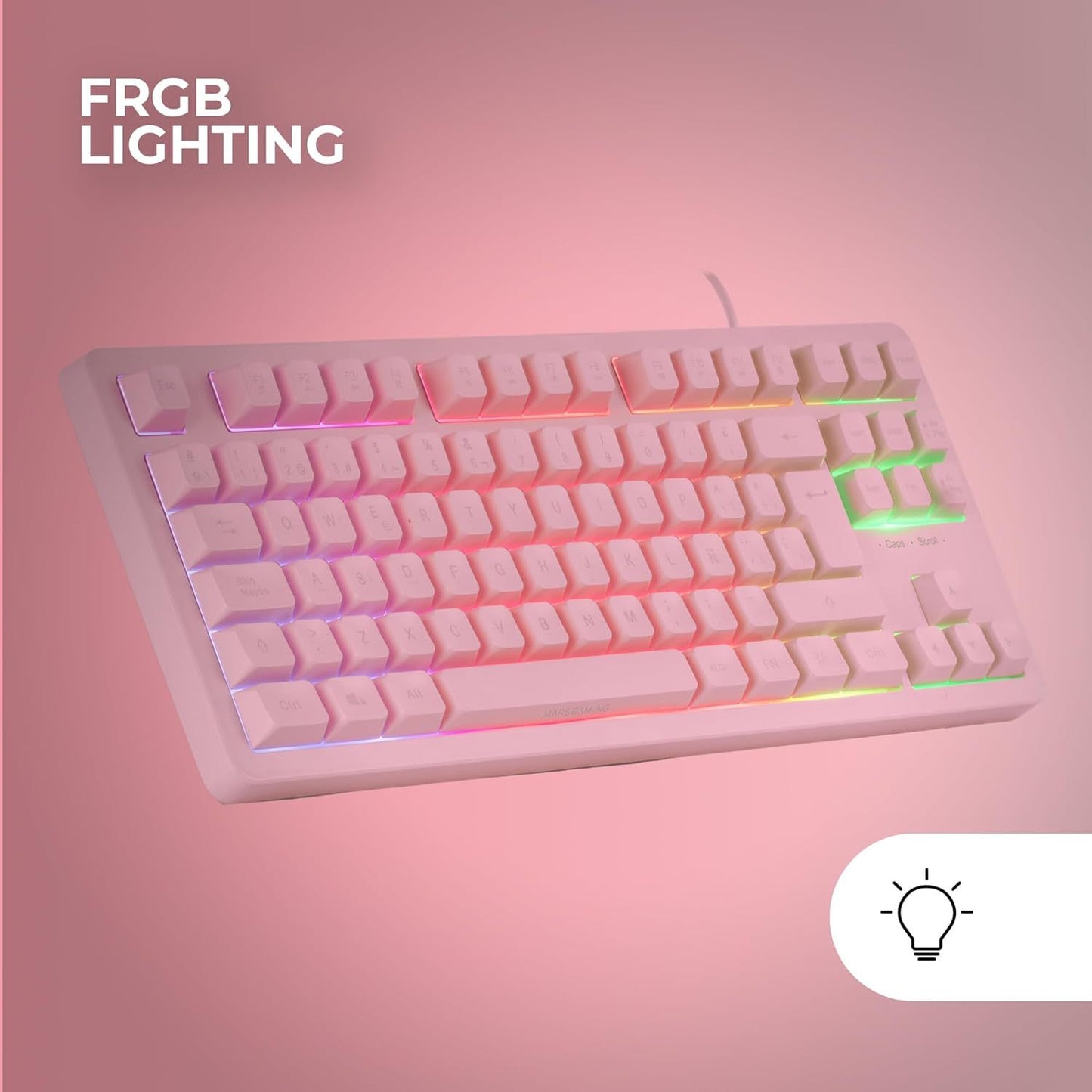 Mars Gaming MK023, Teclado Gaming TKL, Tecnología Híbrida H-Mech, Iluminación FRGB Rainbow, Anti-ghosting, Compatibilidad Universal, Rosa, Idioma Francés