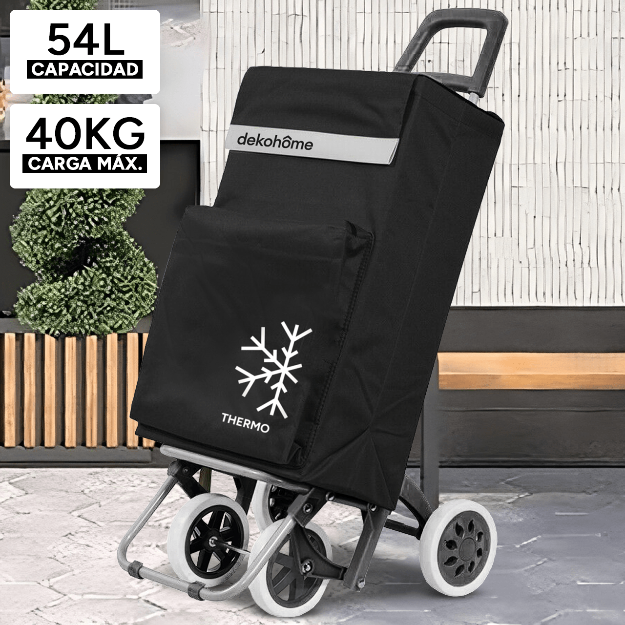 Carro Compra Plegable 4 Ruedas con Bolsillo Térmico para Congelados, Carro Plegable con Ruedas, 54 Litros de Capacidad y 40 Kg de Carga Máxima, Compartimentos Extra, Ruedas Grandes Resistentes para Facilitar el Movimiento y el Transporte del Peso