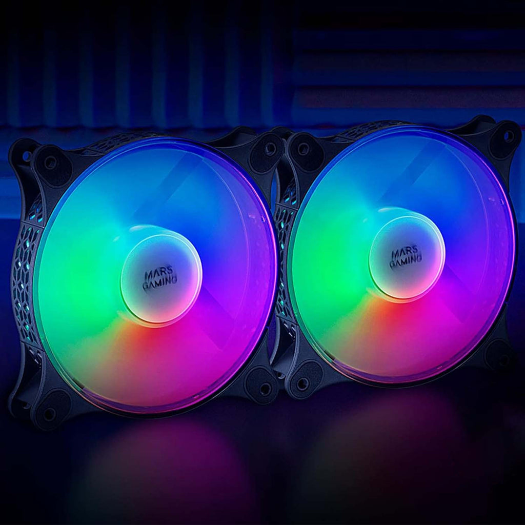 Mars Gaming MFDUO, Kit 2x Ventiladores de 120mm FRGB Rainbow 360°, Ultra-silencioso, Doble Conexión 3PIN + 4PIN, Negro