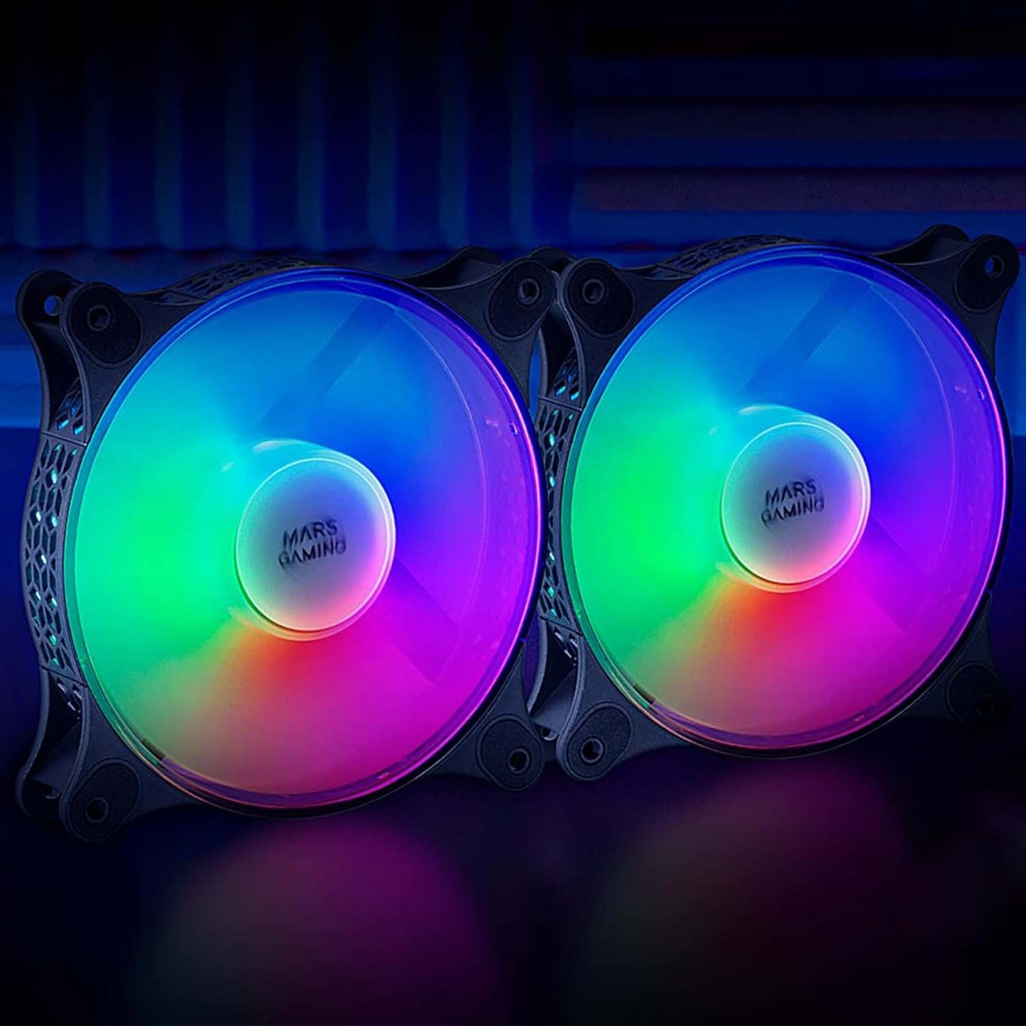 Mars Gaming MFDUO, Kit 2x Ventiladores de 120mm FRGB Rainbow 360°, Ultra-silencioso, Doble Conexión 3PIN + 4PIN, Negro