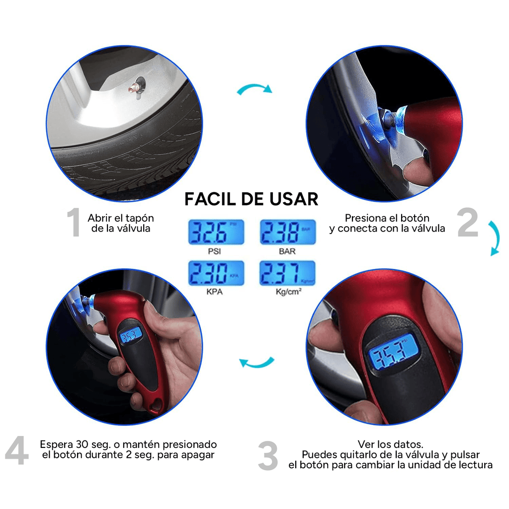 Manometro Neumaticos, Medidor de Presión de Neumáticos Digital con Pantalla LCD retroiluminada para Coche, 4 Ajustes, Rango presión: 0-150PSI o 0-7.0 BAR o 0-7.0Kgf / cm2 o 0-700Kpa, Controla el Desgaste de los Neumáticos