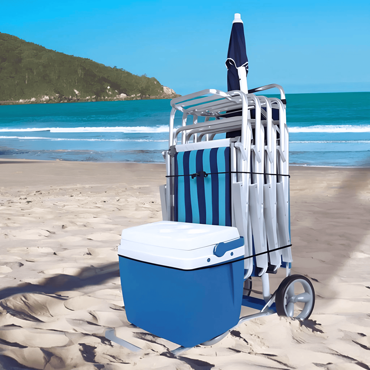 Carrito Playa Plegable, Carrito Multiuso con Barras Extensibles, Desmontable y Plegable, Perfecto como Mesa Portable, Hecho de Aluminio Resistente, Bolso Incorporado, Soporte Hasta 30Kg, 50 x 78 x 105cm