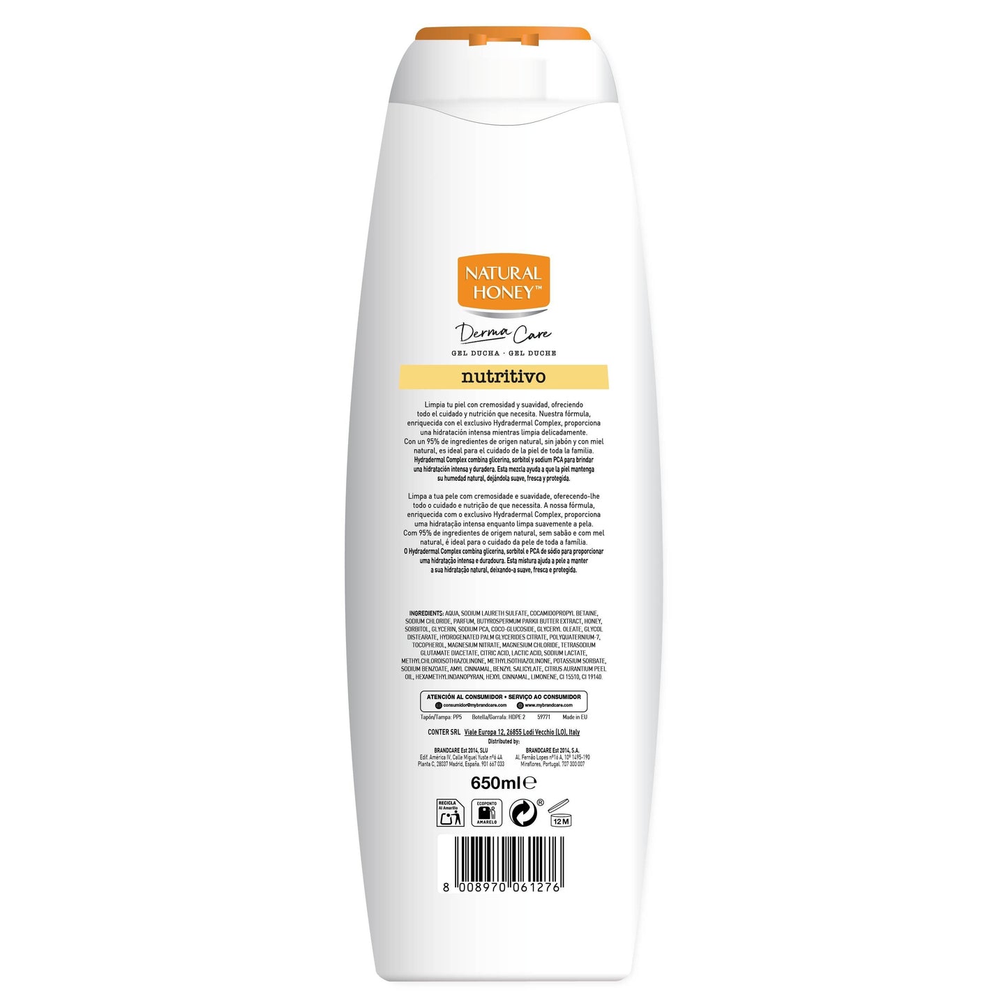 Natural Honey, Gel de Ducha Hidratante con Extracto de Miel y Manteca de Karité, Nutre y Suaviza para una Piel Suave, Fresca y Protegida, Línea Derma Care, 650 ml