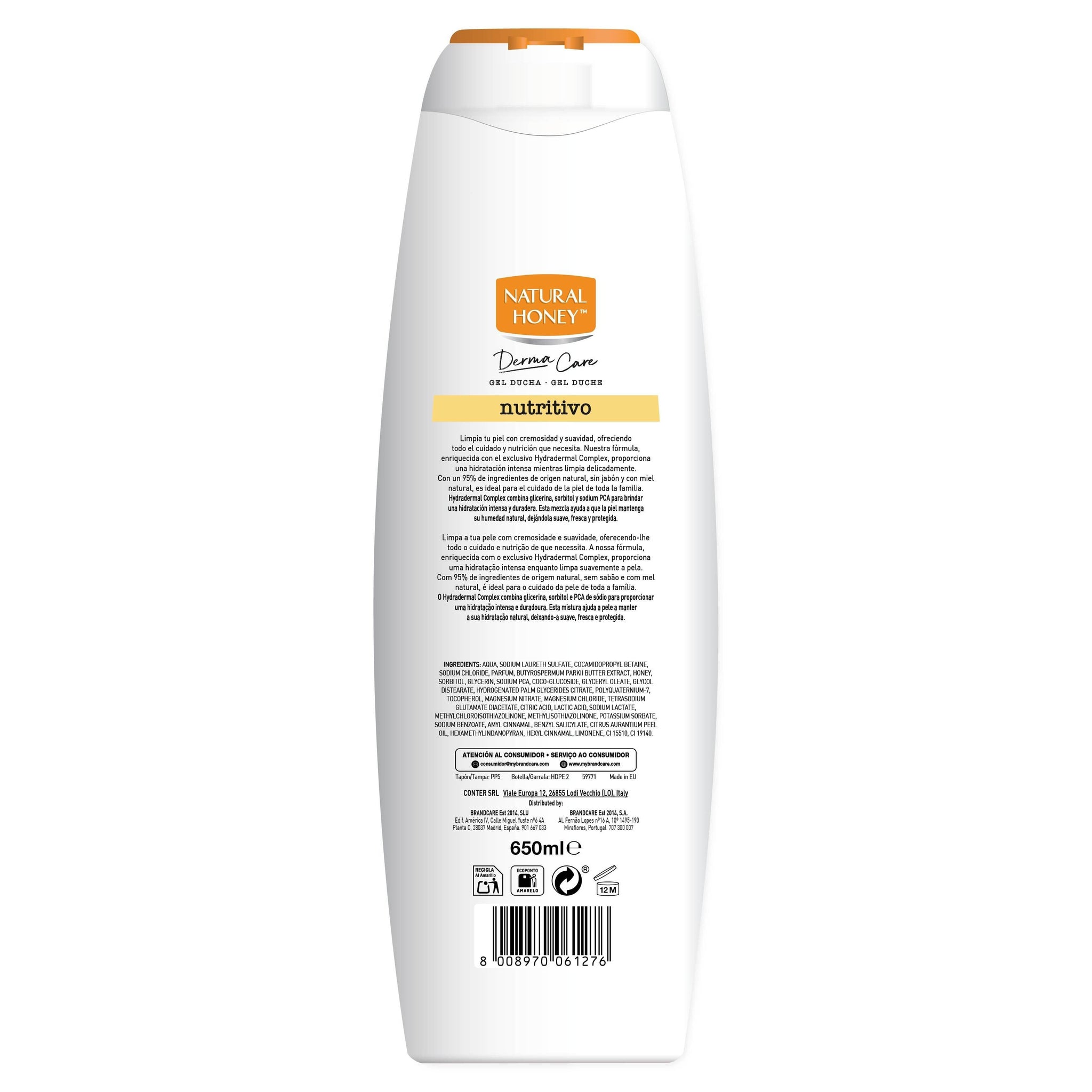 Natural Honey, Gel de Ducha Hidratante con Extracto de Miel y Manteca de Karité, Nutre y Suaviza para una Piel Suave, Fresca y Protegida, Línea Derma Care, 650 ml