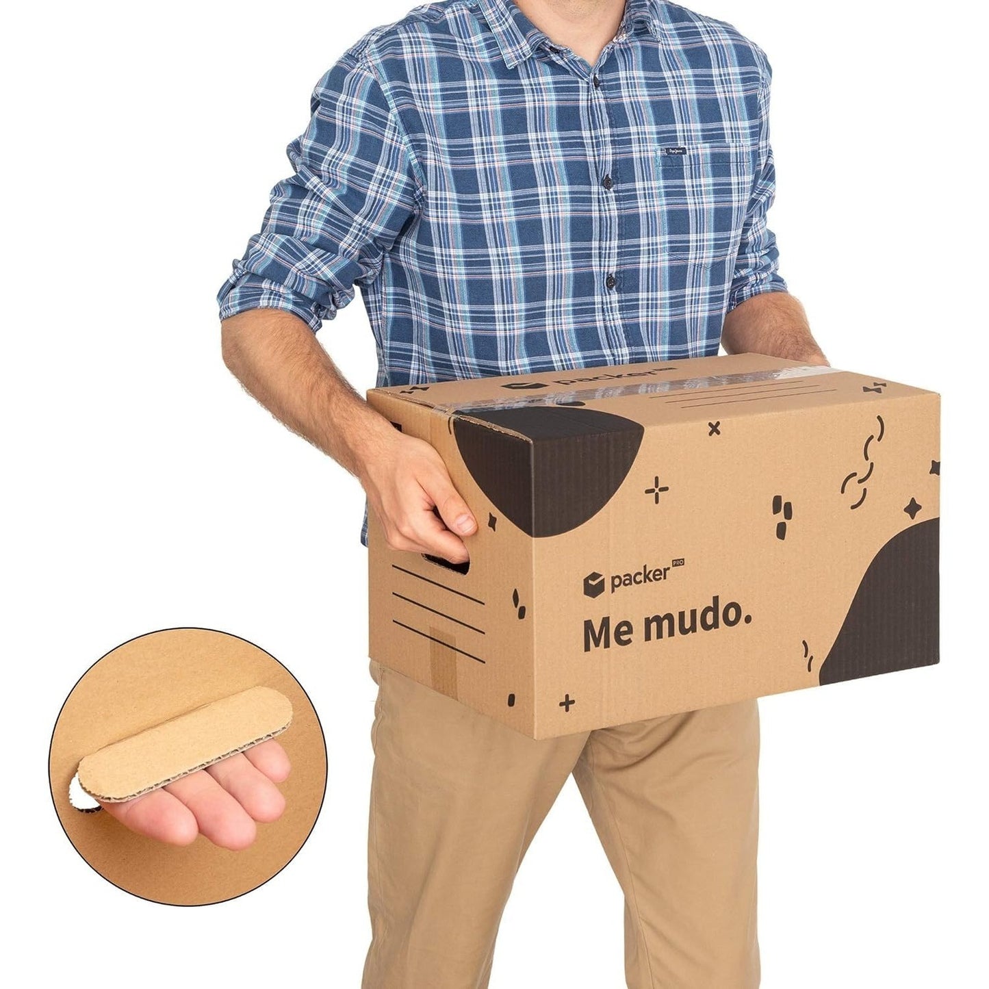 packer PRO Caja Cartón para Mudanzas y Almacenaje Ultra Resistentes con Asas, Cartón Resistente de Máxima Durabilidad, Tamaño Ideal para Mudanzas y Almacenaje de Libros, Objetos y Ropa, Asas Laterales para Manejo Fácil y Seguro
