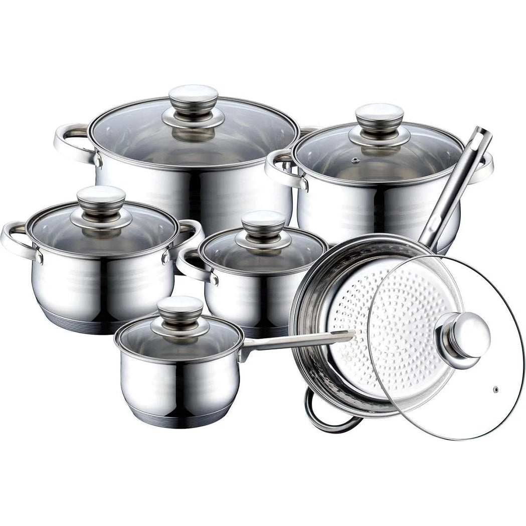 Batería de Cocina 12 Piezas, Juego de Ollas, Cazo y Sartén de Acero Inoxidable, Tapas Incluidas, Apto para Lavavajillas, Apto para Cocina Eléctrica, Gas, Vitrocerámica e Inducción