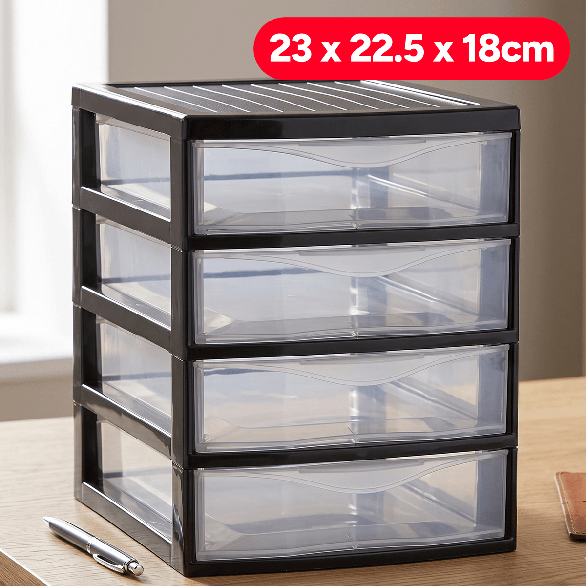 Cajonera Almacenamiento Plástico de Sobremesa, 4 Cajones, Ideal para Ordenar y Organizar el Hogar, Negro, 18 x 22.5 x 23cm