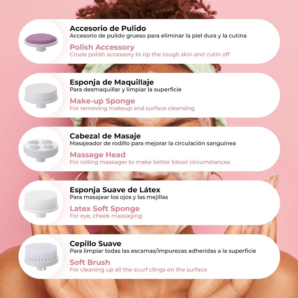 Cepillo Limpiador Facial Eléctrico 5 en 1, 2 Velocidades, Incluye Cabezal de Cepillo de Limpieza Profunda, Esponja para Maquillaje, Esponja para Masaje, Masajeador de Esferas, Disco Exfoliante, Funciona con 2 Pilas AA (No Incl)
