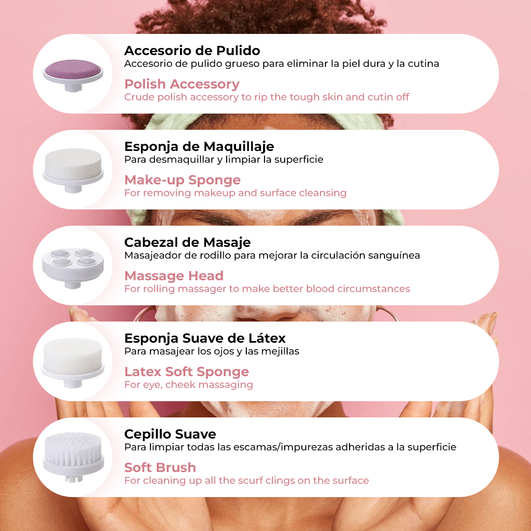 Cepillo Limpiador Facial Eléctrico 5 en 1, 2 Velocidades, Incluye Cabezal de Cepillo de Limpieza Profunda, Esponja para Maquillaje, Esponja para Masaje, Masajeador de Esferas, Disco Exfoliante, Funciona con 2 Pilas AA (No Incl)