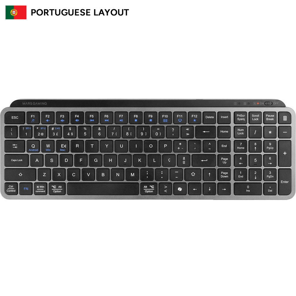 Mars Gaming MK-SILENKEYS, Teclado Inalámbrico Full-Format Compacto, Perfil Bajo, Switches Tijera Silenciosos, Tecla Copilot AI, Bluetooth 5.1 Dual + 2.4GPRO, Batería 200h, PC/Mac, Español, Negro