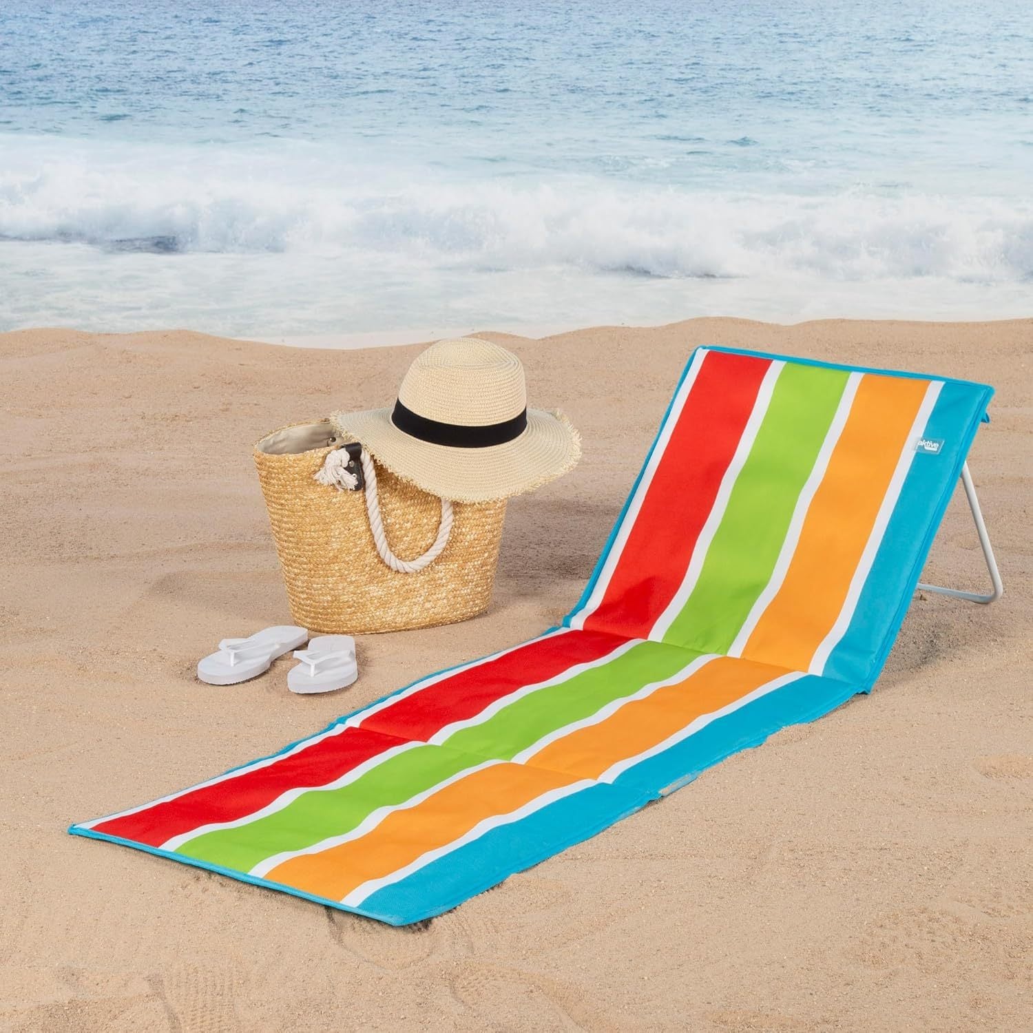 Esterilla Playa con Respaldo, Acolchada, Soporta 110 kg, Plegable, Estructura Acero, Tejido Oxford, Asa Hombro de Transporte, Tumbona Reclinable, 155 x 52 x 40 cm, Multicolor