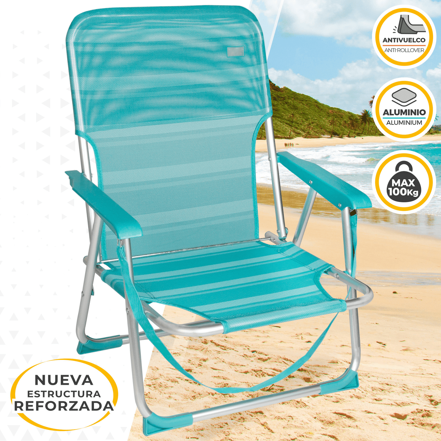 Silla Plegable Playa Reclinable y Resistente. Soporta hasta 100kg. Posición fija. Sistema Antivuelco. Ideal para Playa, Jardín, Terraza o Camping. 44x40x72cm