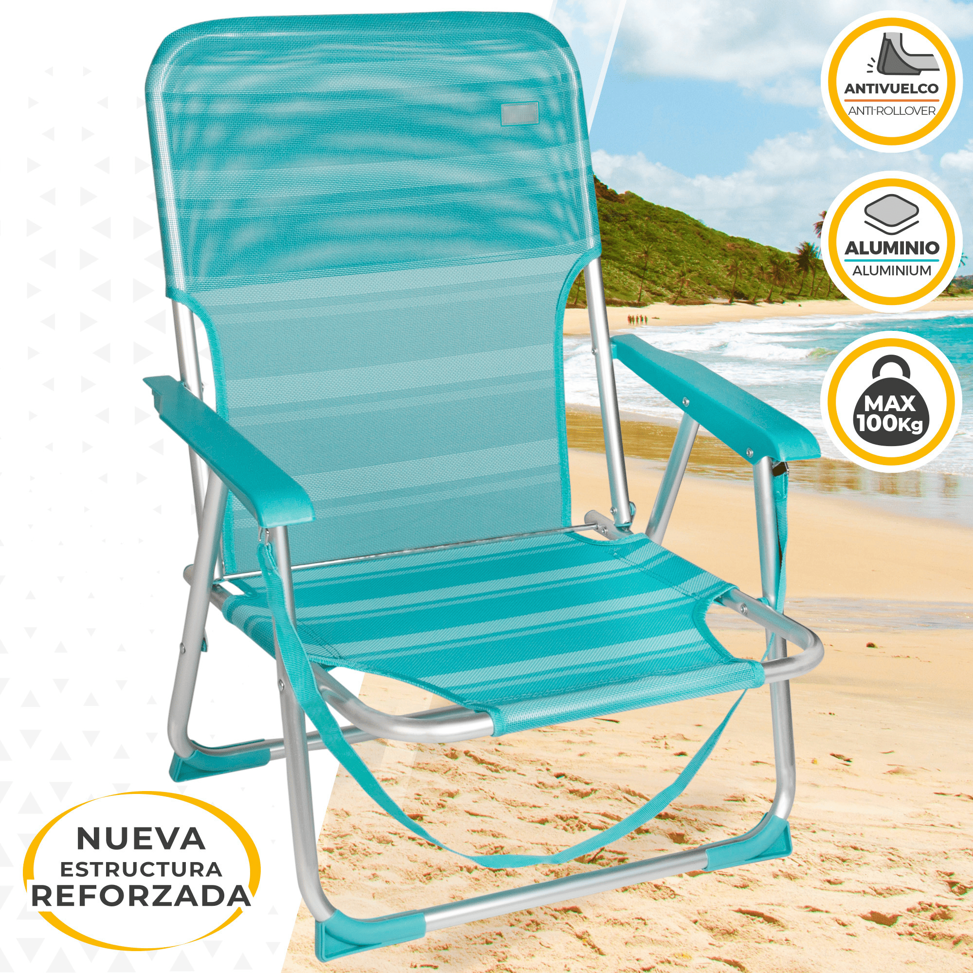 Silla Plegable Playa Reclinable y Resistente. Soporta hasta 100kg. Posición fija. Sistema Antivuelco. Ideal para Playa, Jardín, Terraza o Camping. 44x40x72cm