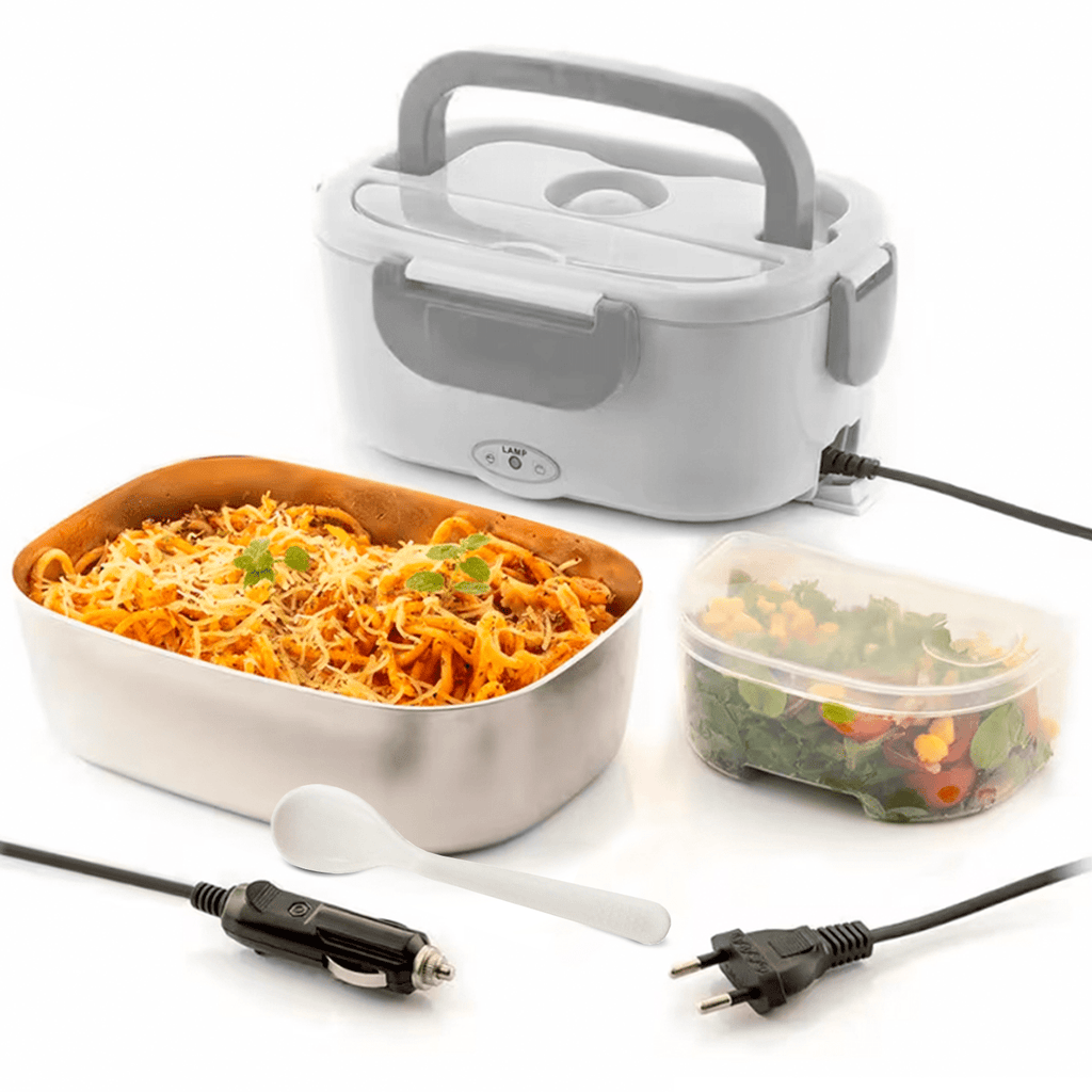 Caja Termica Portatil con 2 Compartimentos Extraibles y Bolsa Térmica, Lonchera Electrica con Asa de Transporte, 1L de Capacidad, Calienta en Pocos Minutos, Enchufe para Casa y Coche Incluido, Espacio para Cubiertos con Cuchara Incluida, Fácil Limpieza
