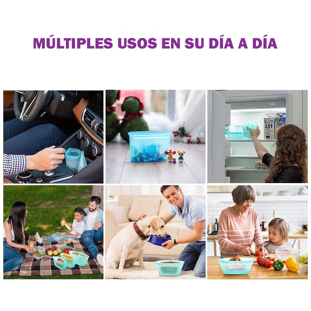 Set 8 Bolsas Reutilizables de Silicona con Ciere Hermético tipo Cremellera, Resistentes al Calor y al Frío, Fáciles de Lavar a Mano o en el Lavaplatos, Ideal para Viaje y Momentos Fuera de Casa, Medidas: 15×2,3×7,5cm - 17×3,5×13,5cm - 13x6x10,5cm - 15