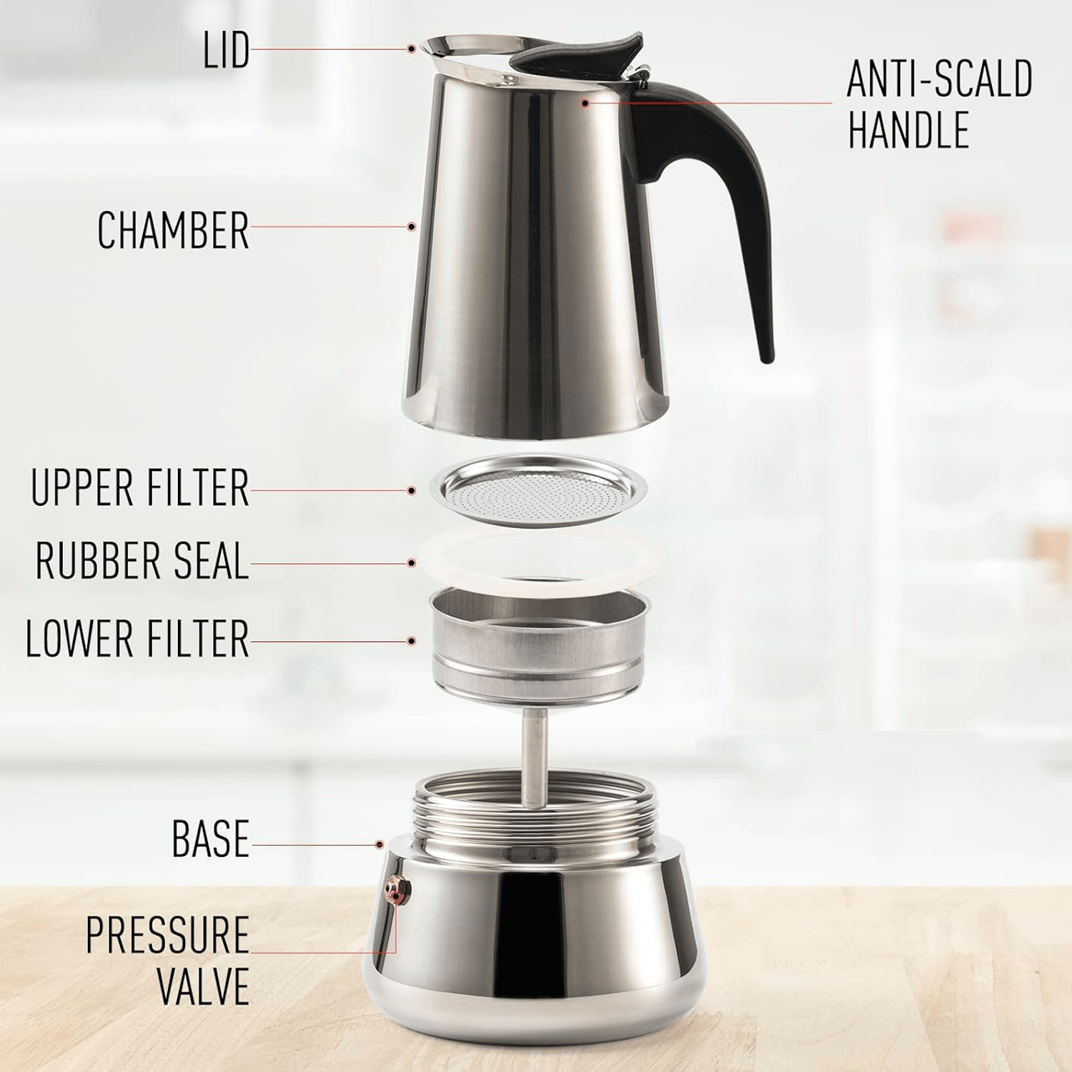 Cafetera Italiana 12 Tazas, Hecha de Acero Inoxidable, Mango Antiquemaduras, Compatible con Vitrocerámica, Gas, Inducción y Eléctrico, Capacidad de 700 gr de Café, Hasta 12 Tazas de Café, Fácil Limpieza