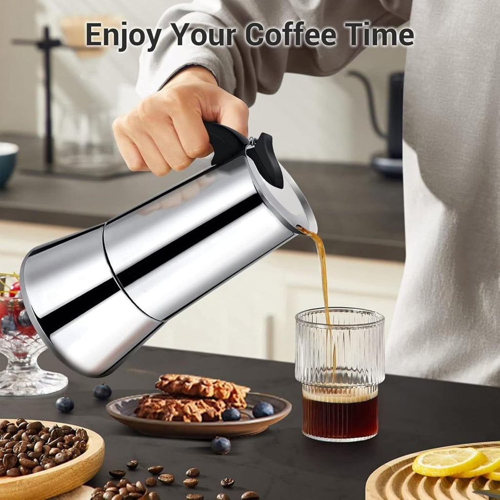 Cafetera Italiana 12 Tazas, Hecha de Acero Inoxidable, Mango Antiquemaduras, Compatible con Vitrocerámica, Gas, Inducción y Eléctrico, Capacidad de 700 gr de Café, Hasta 12 Tazas de Café, Fácil Limpieza