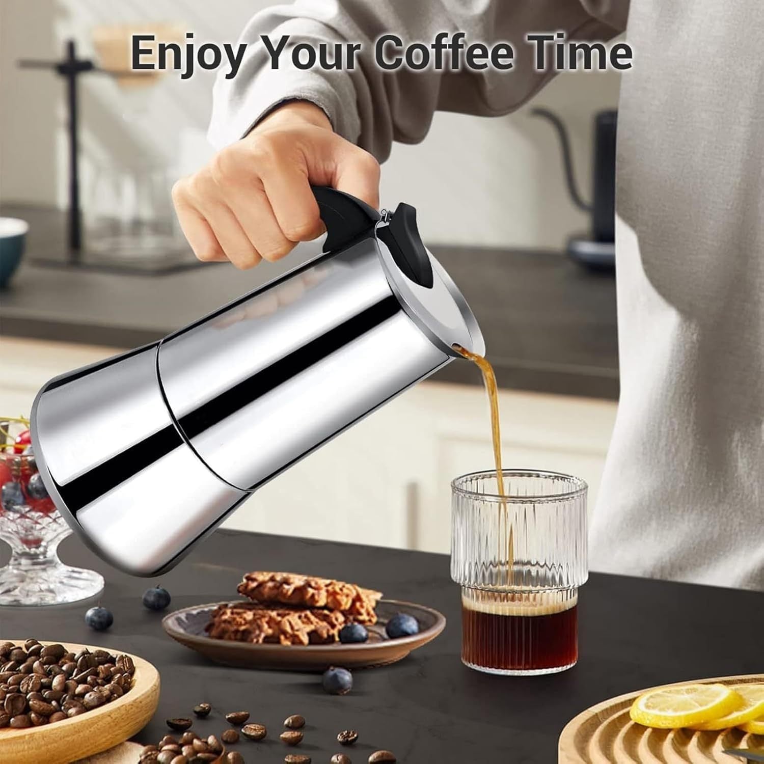 Cafetera Italiana 12 Tazas, Hecha de Acero Inoxidable, Mango Antiquemaduras, Compatible con Vitrocerámica, Gas, Inducción y Eléctrico, Capacidad de 700 gr de Café, Hasta 12 Tazas de Café, Fácil Limpieza