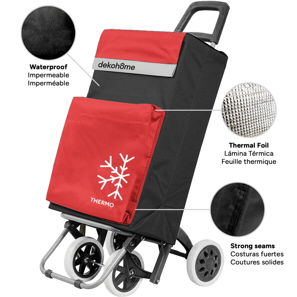 Carro Compra Plegable 4 Ruedas con Bolsillo Térmico para Congelados, Carro Plegable con Ruedas, 54 Litros de Capacidad y 40 Kg de Carga Máxima, Compartimentos Extra, Ruedas Grandes Resistentes para Facilitar el Movimiento y el Transporte del Peso