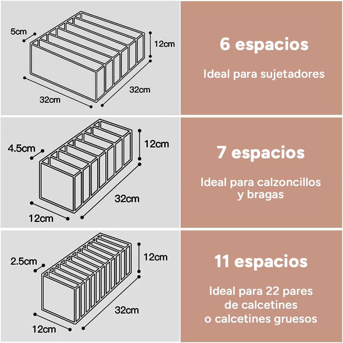 Set de 3 Organizador Cajones Ropa, Organizador Armario Ropa, Organizador Ropa Interior, Transpirable, Ropa Organizada, Ordenada y Visible, Ideal para Cajones, 1 Organizador de 32 x 32 x 12 cm, 2 Organizadores de 12 x 32 x 12 cm, Múltiples Compartimentos