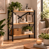 Estantería de Diseño Industrial de 3 Estantes, Mueble Organizador para Salón, Dormitorio y Oficina, Diseño Vertical con Estructura Metálica y Estantes de Acabado Madera, 66 x 34 x 85 cm