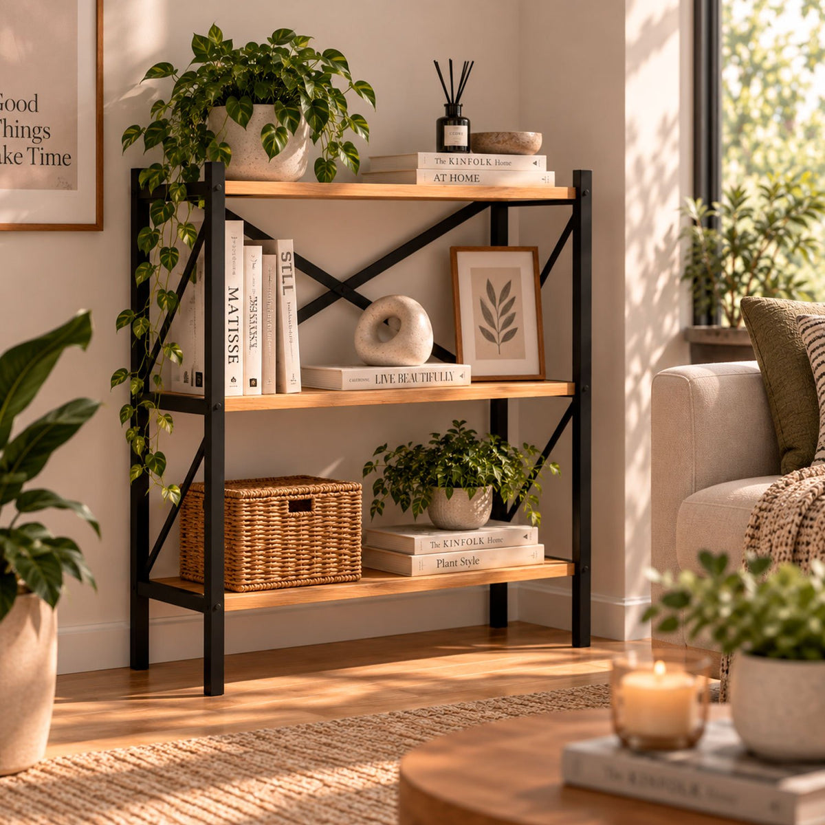 Estantería de Diseño Industrial de 3 Estantes, Mueble Organizador para Salón, Dormitorio y Oficina, Diseño Vertical con Estructura Metálica y Estantes de Acabado Madera, 66 x 34 x 85 cm