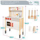 Cocina Juguete Grande con Luz y Sonido, Incluye Cocinita de Madera de 59,5 x 30 x 94,5 cm, Vitrocerámica Eléctrica, Fregadero, Microondas, Armario y Utensilios de Cocina, Bordes y Esquinas Redondeadas y Suaves
