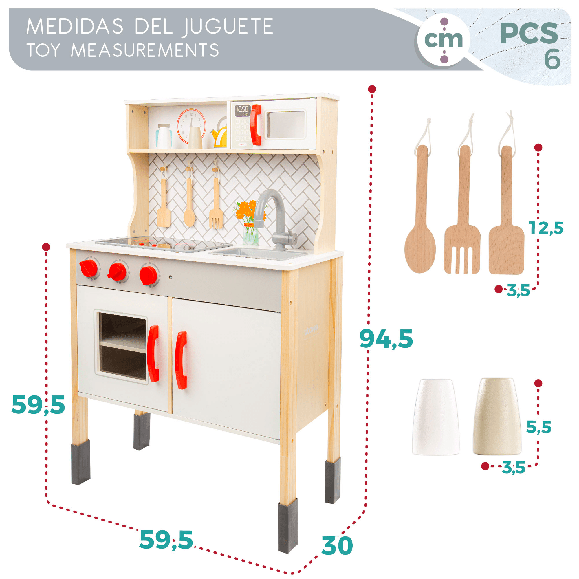 Cocina Juguete Grande con Luz y Sonido, Incluye Cocinita de Madera de 59,5 x 30 x 94,5 cm, Vitrocerámica Eléctrica, Fregadero, Microondas, Armario y Utensilios de Cocina, Bordes y Esquinas Redondeadas y Suaves