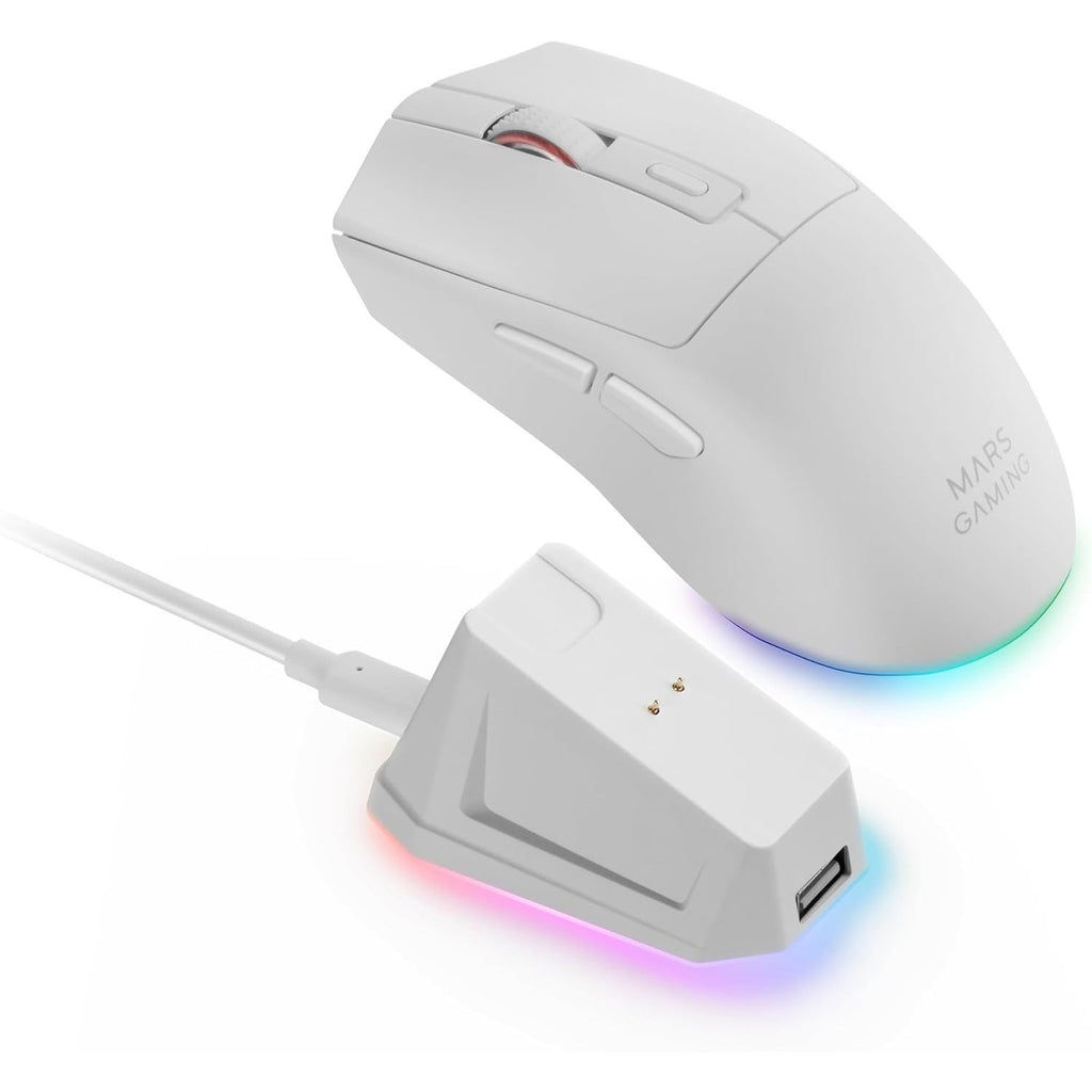 Mars Gaming MM-T3, Ratón Inalámbrico Ligero, Bluetooth 5.0 + 2.4GHz + Cable, Sensor Óptico PIXART PAW3104PRO 14400 dpi, Base de Carga Magnética RGB, Switches Huano, Software de Control, Blanco