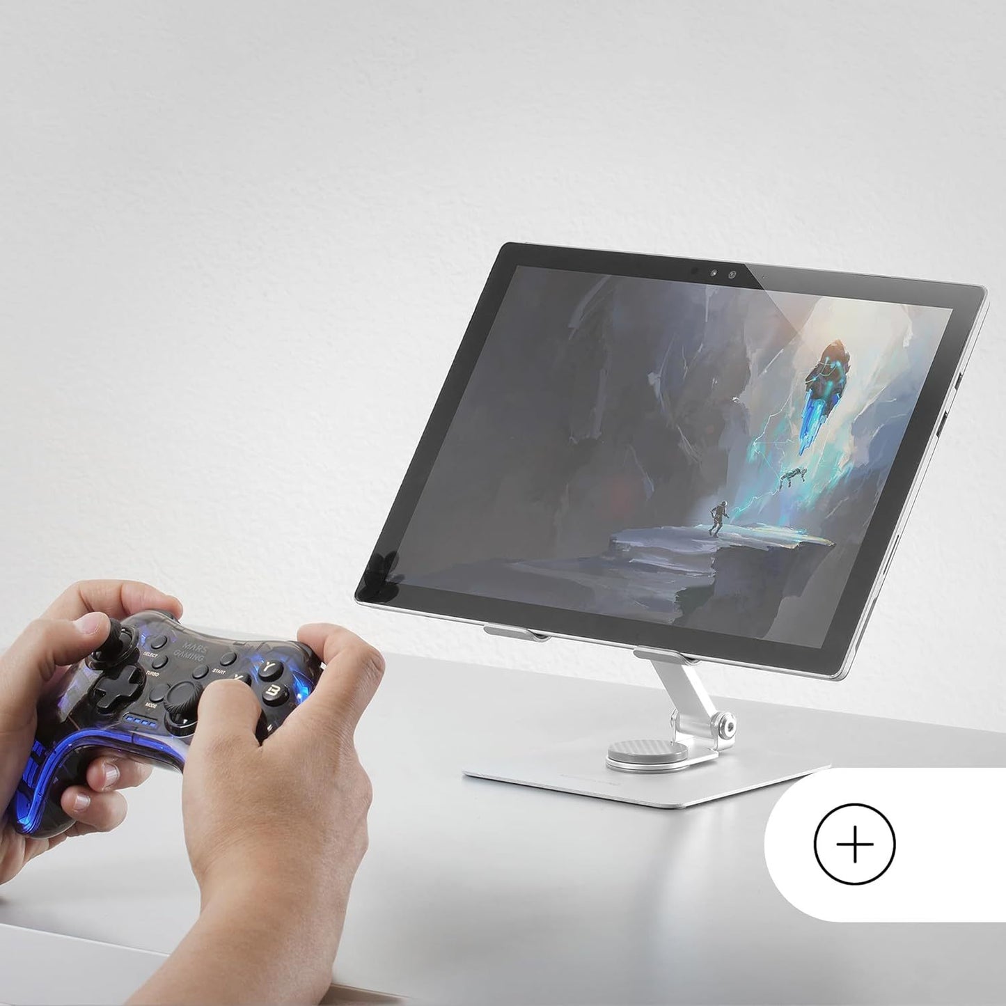 Mars Gaming MA-RST, Soporte para Tablet y Convertibles 2en1 hasta 13", Giratorio 360º + Ajustable en Altura y Ángulo 180º, Soporte Tablet Plegable de Acero Liviano, Antideslizante, Gris Plateado