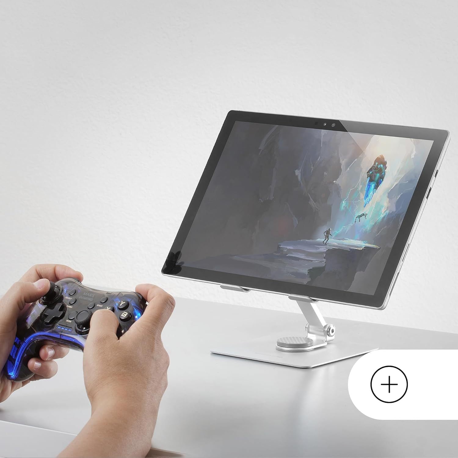 Mars Gaming MA-RST, Soporte para Tablet y Convertibles 2en1 hasta 13", Giratorio 360º + Ajustable en Altura y Ángulo 180º, Soporte Tablet Plegable de Acero Liviano, Antideslizante, Gris Plateado