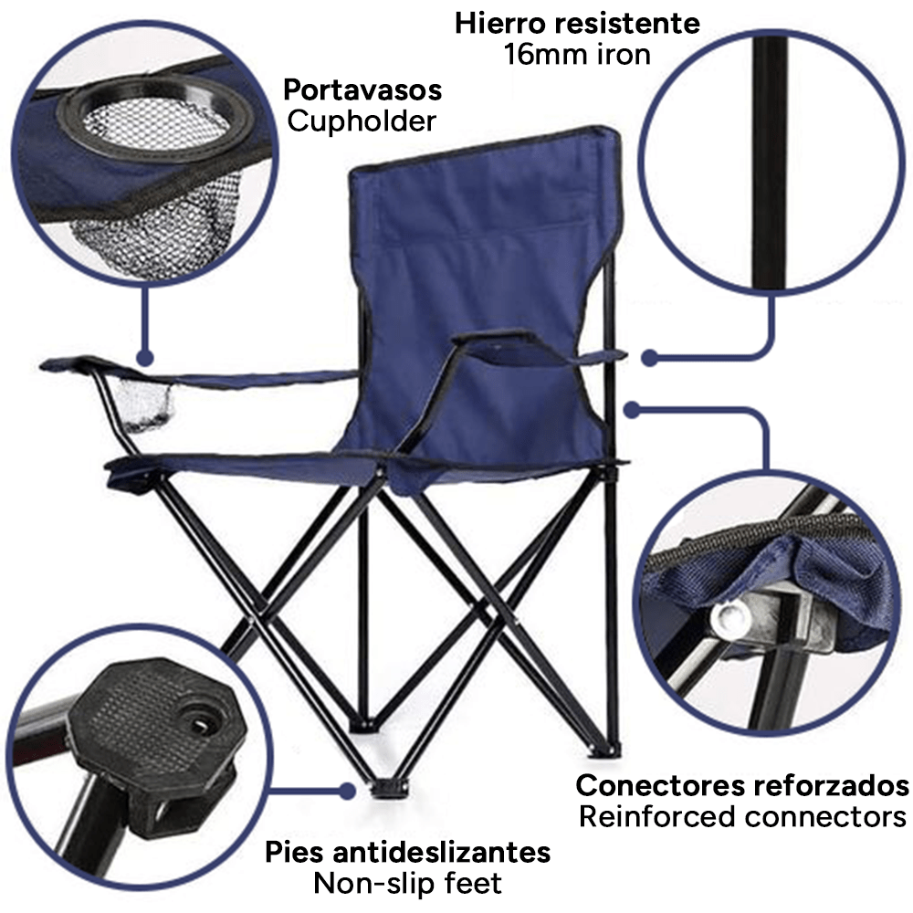 Silla Plegable Camping con Respaldo y Apoyabrazos, Ideal para Picnic, Pesca y Exterior, Resistente y Compacta, Soporta 120 kg, 50x50x80 cm
