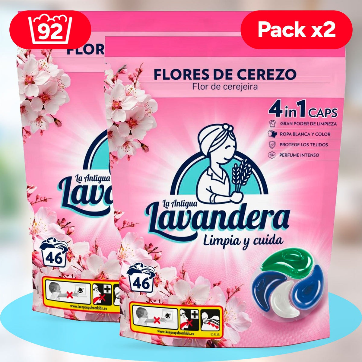 La Antigua Lavandera Detergente en Cápsulas 4 en 1 para Ropa, Aroma Flor de Cerezo, Pack de 2 Cajas de 46 Cápsulas Cada Una, 92 Cápsulas en Total